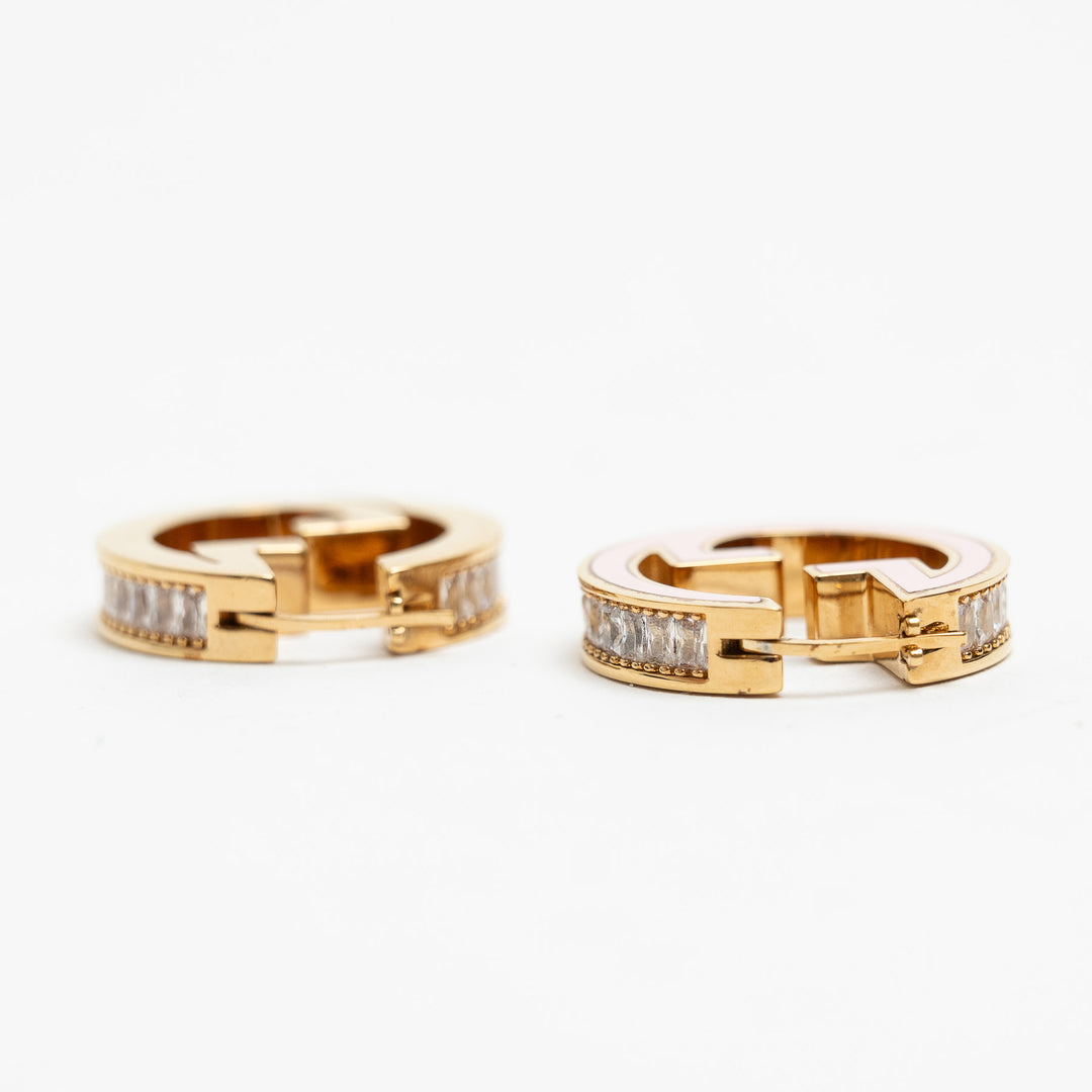 Gucci Gold-Tone & Pink Enamel Interlocking G Crystal Hoop Earrings