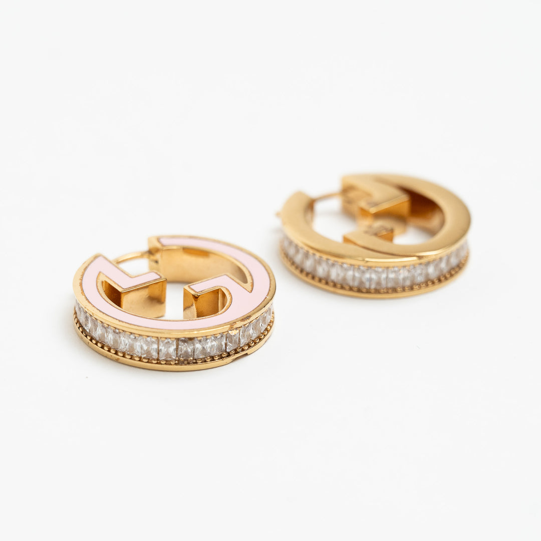 Gucci Gold-Tone & Pink Enamel Interlocking G Crystal Hoop Earrings