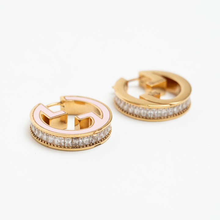 Gucci Gold-Tone & Pink Enamel Interlocking G Crystal Hoop Earrings