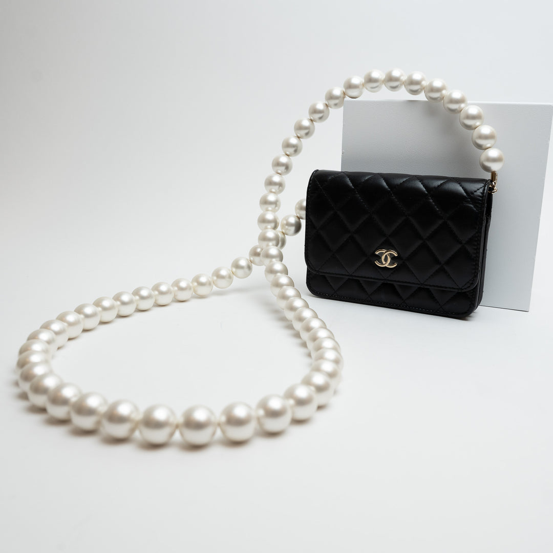 Pre-Loved Chanel™ Black Quilted Lambskin Oversized Pearl Strap Compact Wallet On Chain