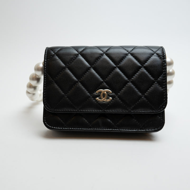 Pre-Loved Chanel™ Black Quilted Lambskin Oversized Pearl Strap Compact Wallet On Chain