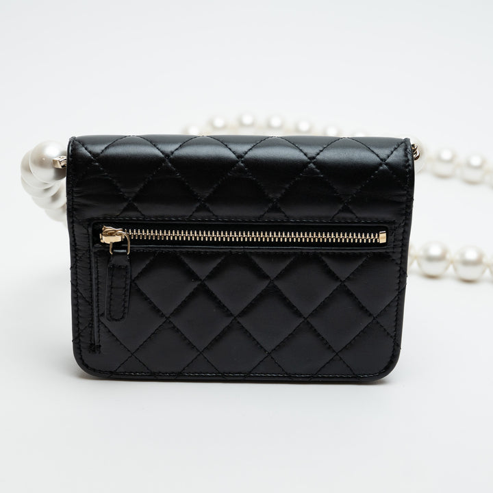 Pre-Loved Chanel™ Black Quilted Lambskin Oversized Pearl Strap Compact Wallet On Chain
