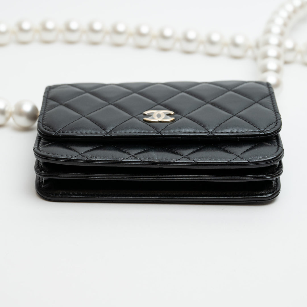 Pre-Loved Chanel™ Black Quilted Lambskin Oversized Pearl Strap Compact Wallet On Chain