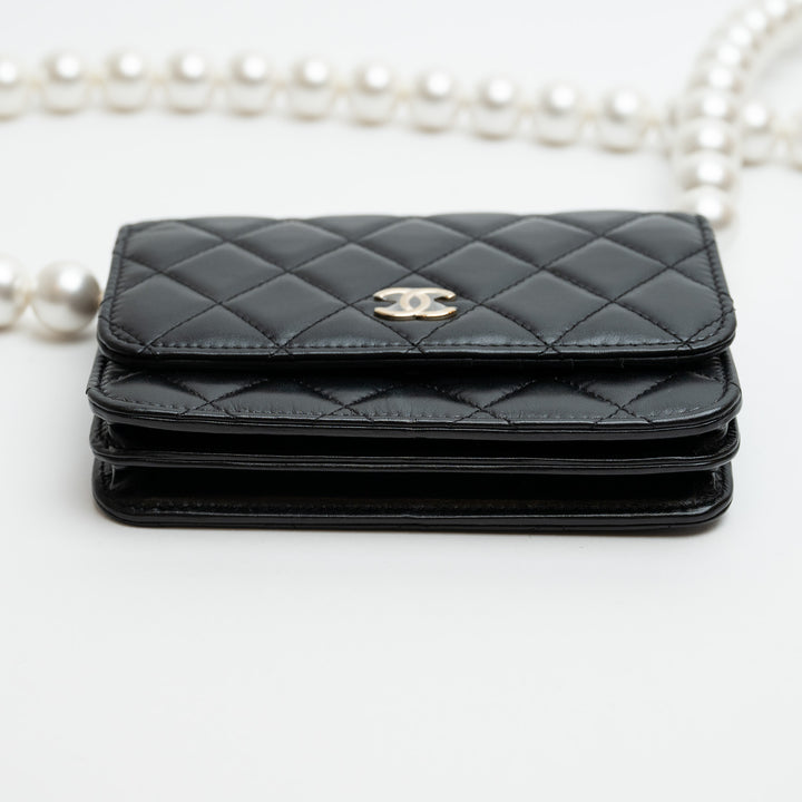 Pre-Loved Chanel™ Black Quilted Lambskin Oversized Pearl Strap Compact Wallet On Chain