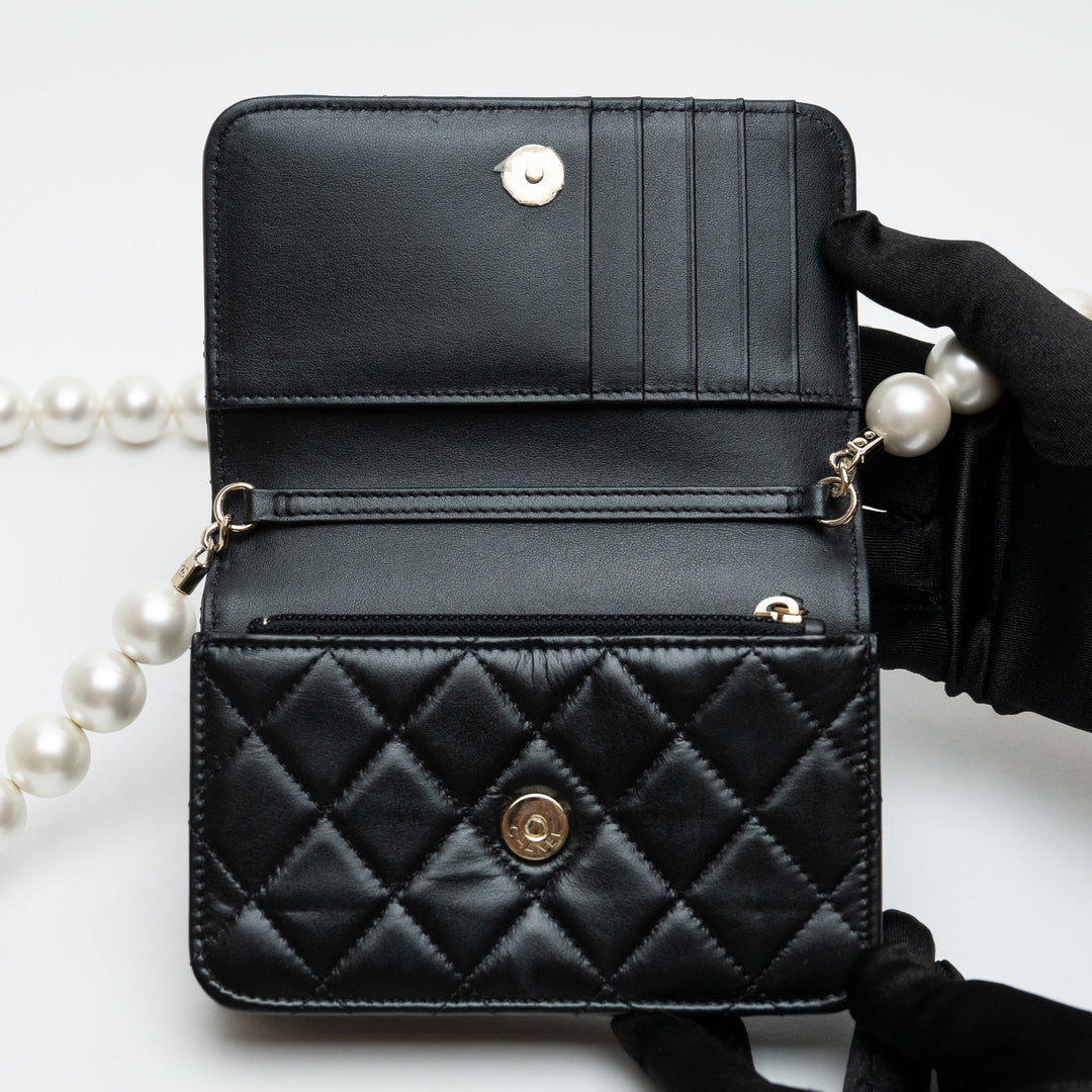 Pre-Loved Chanel™ Black Quilted Lambskin Oversized Pearl Strap Compact Wallet On Chain