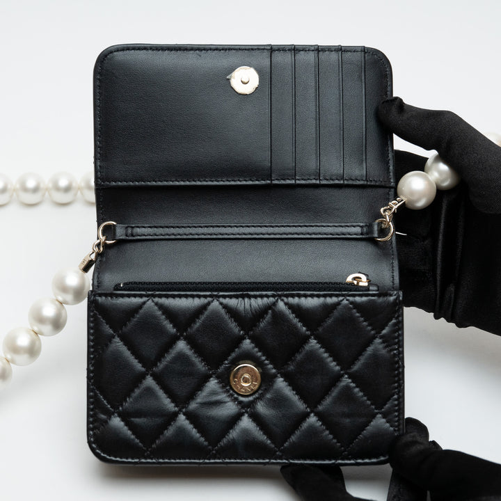 Pre-Loved Chanel™ Black Quilted Lambskin Oversized Pearl Strap Compact Wallet On Chain