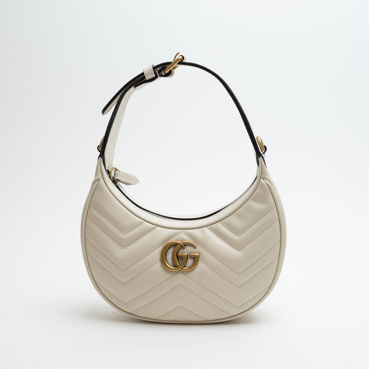 Gucci White Matelassé Leather Marmont GG Half-Moon Mini Bag