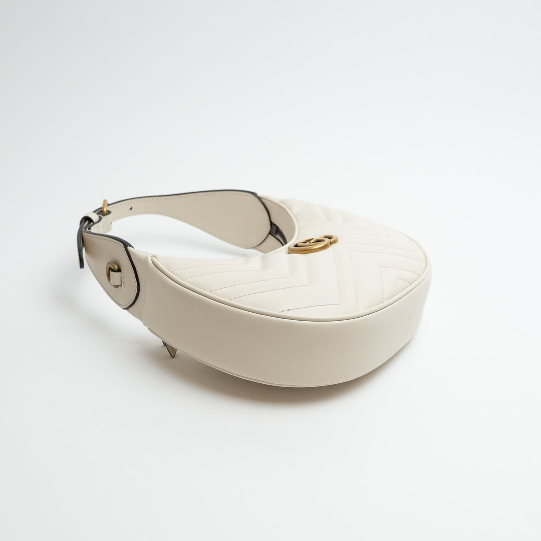 Gucci White Matelassé Leather Marmont GG Half-Moon Mini Bag
