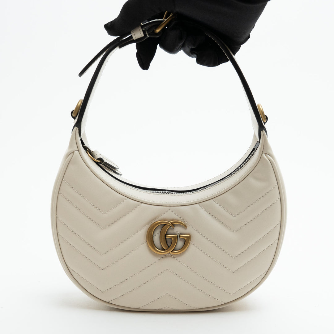 Gucci White Matelassé Leather Marmont GG Half-Moon Mini Bag
