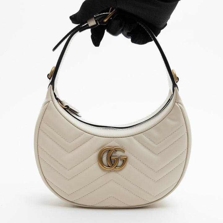 Gucci White Matelassé Leather Marmont GG Half-Moon Mini Bag