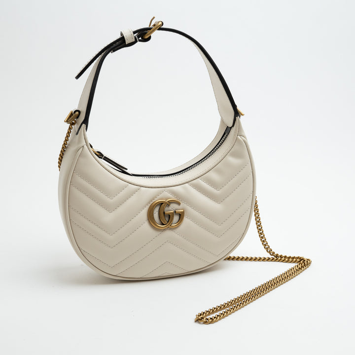 Gucci White Matelassé Leather Marmont GG Half-Moon Mini Bag