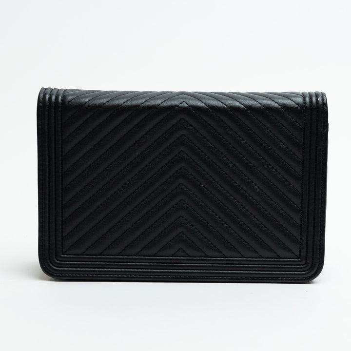 Pre-Loved Chanel™ Black Nappa Chevron Leather Boy Wallet on Chain