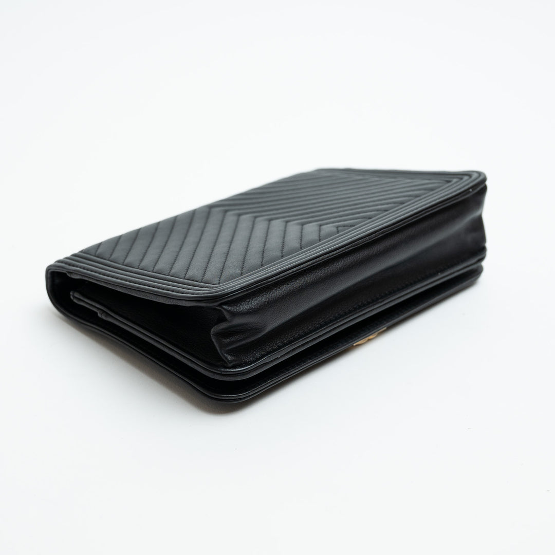Pre-Loved Chanel™ Black Nappa Chevron Leather Boy Wallet on Chain