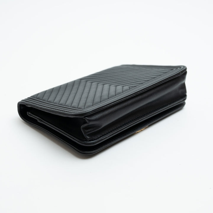 Pre-Loved Chanel™ Black Nappa Chevron Leather Boy Wallet on Chain