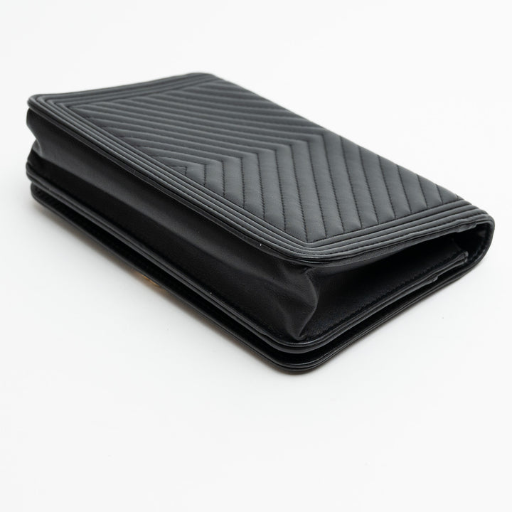 Pre-Loved Chanel™ Black Nappa Chevron Leather Boy Wallet on Chain