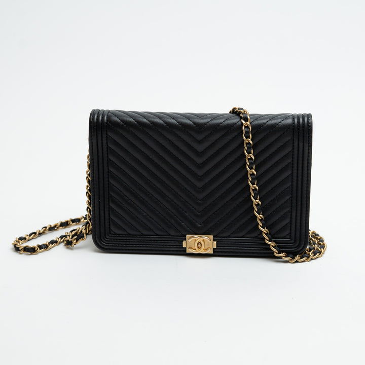 Pre-Loved Chanel™ Black Nappa Chevron Leather Boy Wallet on Chain