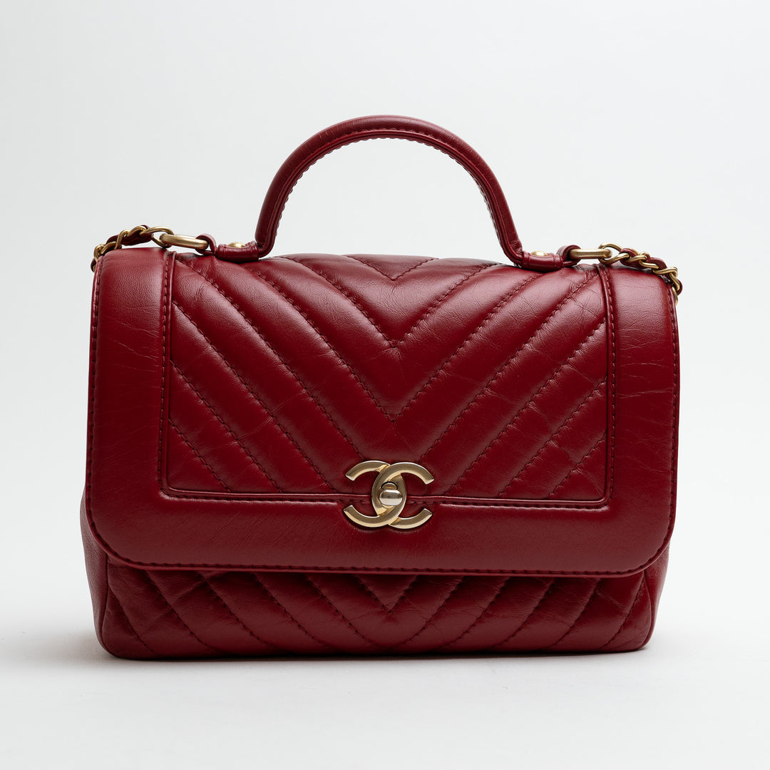 Pre-Loved Chanel™ Red Calfskin Chevron Top Handle Flap Bag