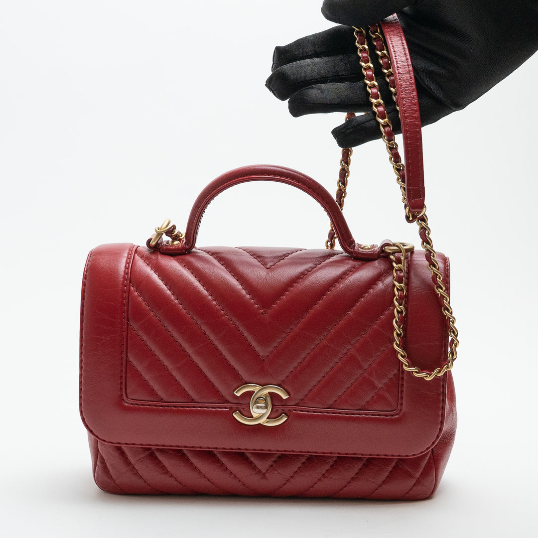 Pre-Loved Chanel™ Red Calfskin Chevron Top Handle Flap Bag