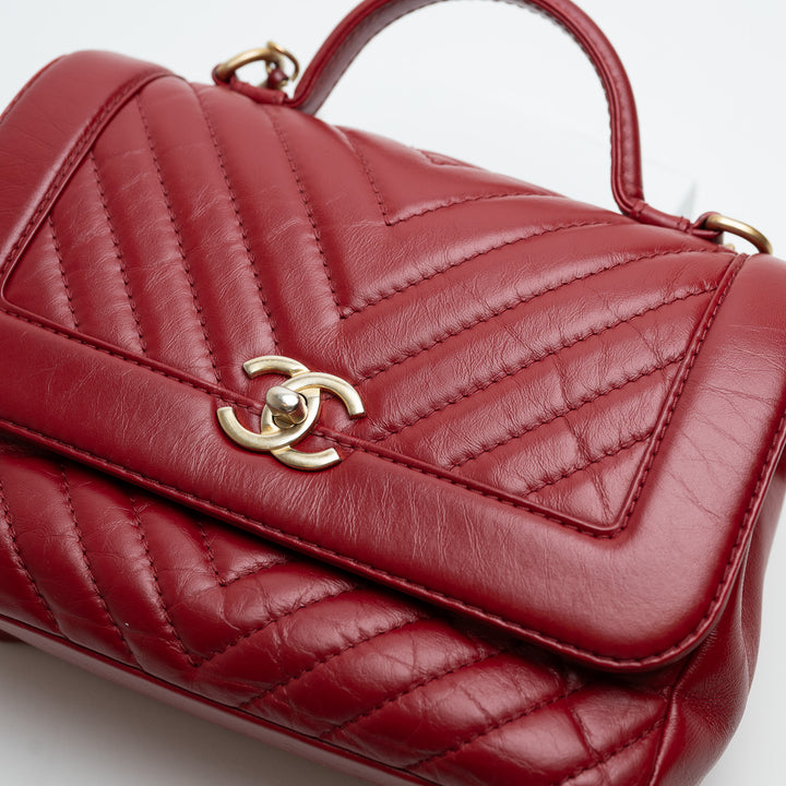 Pre-Loved Chanel™ Red Calfskin Chevron Top Handle Flap Bag