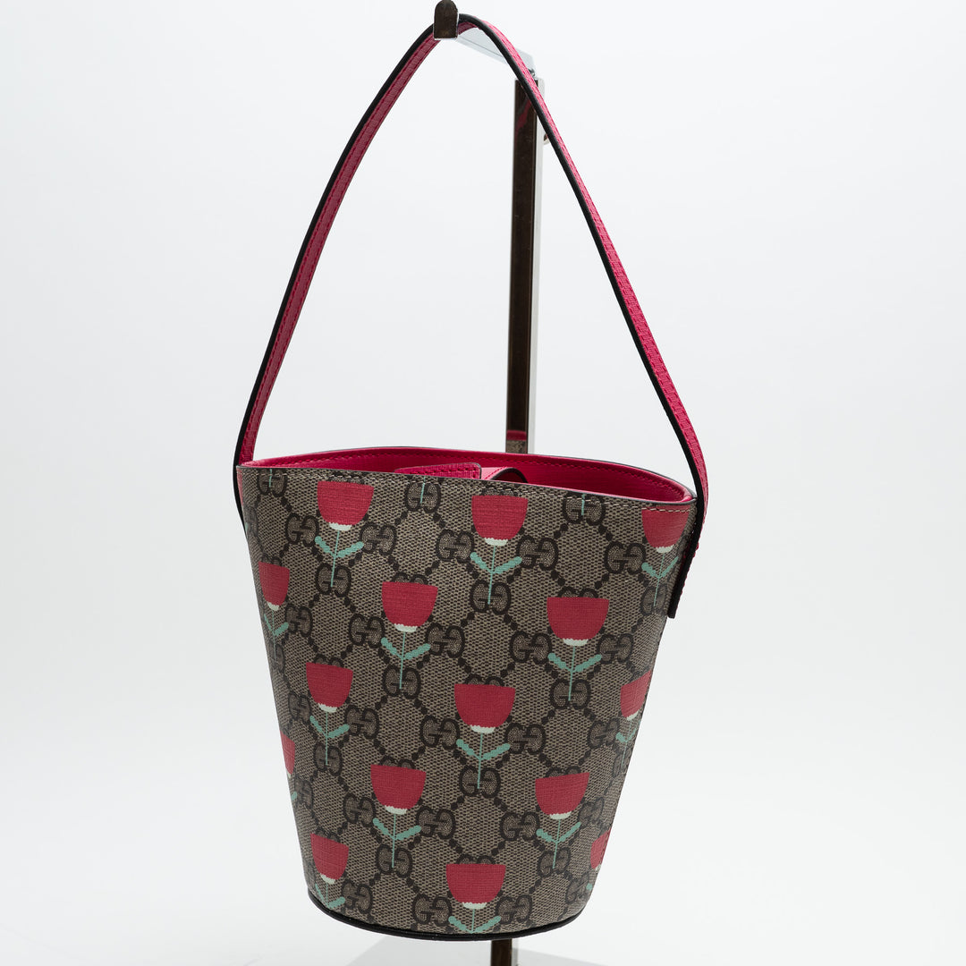 Gucci Monogram and Pink Junior Flower Printed GG Bucket Bag