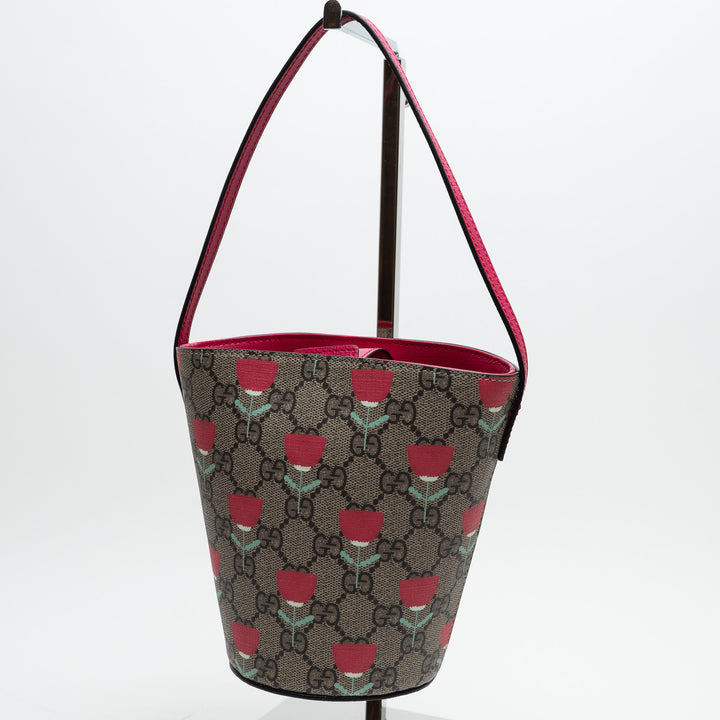 Gucci Monogram and Pink Junior Flower Printed GG Bucket Bag