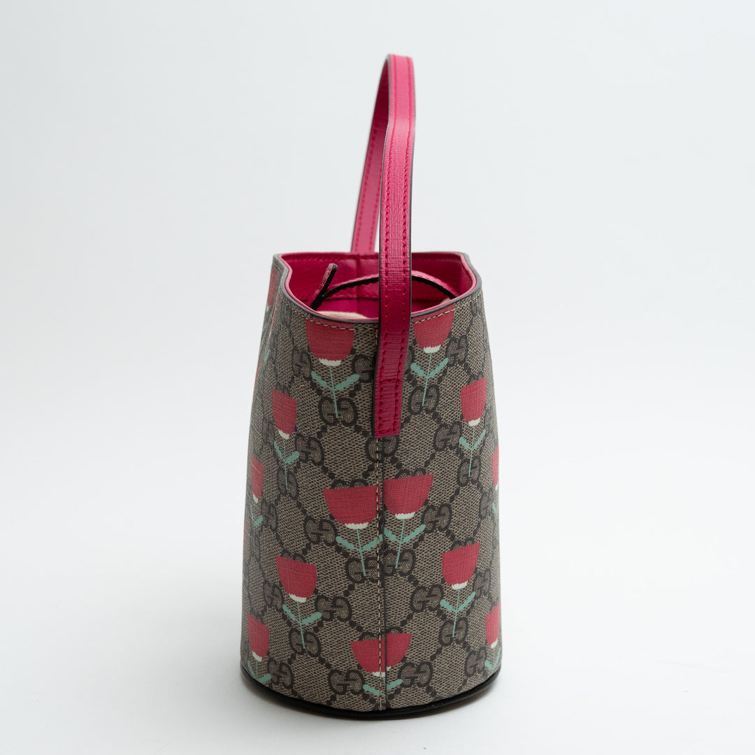 Gucci Monogram and Pink Junior Flower Printed GG Bucket Bag