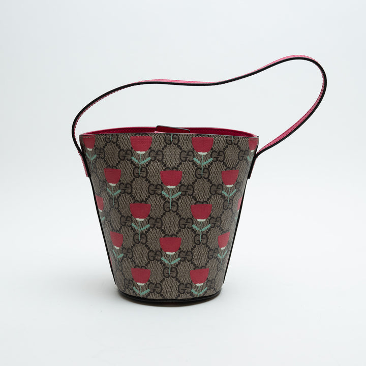 Gucci Monogram and Pink Junior Flower Printed GG Bucket Bag