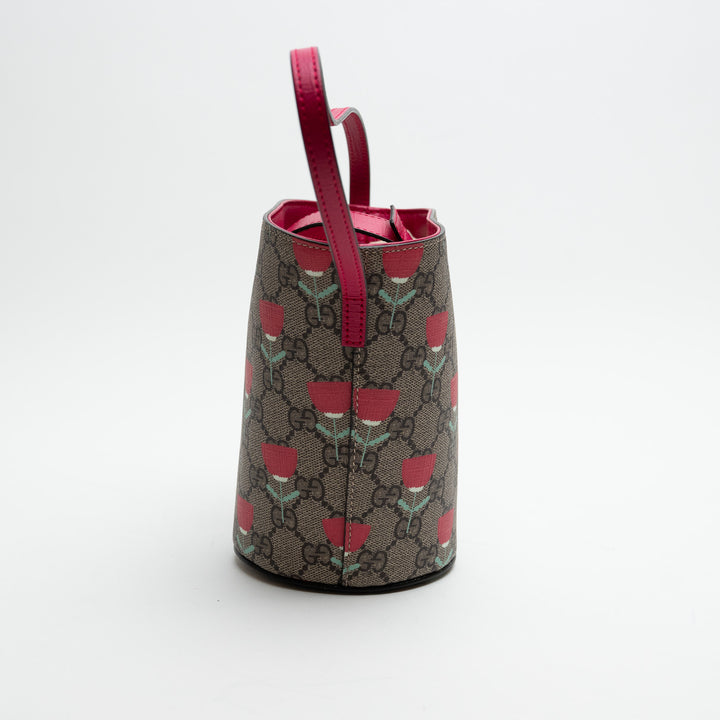 Gucci Monogram and Pink Junior Flower Printed GG Bucket Bag