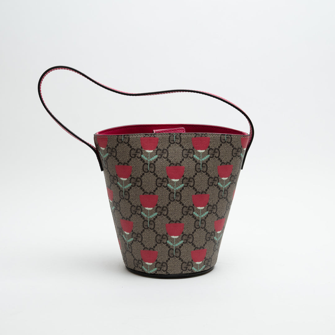 Gucci Monogram and Pink Junior Flower Printed GG Bucket Bag