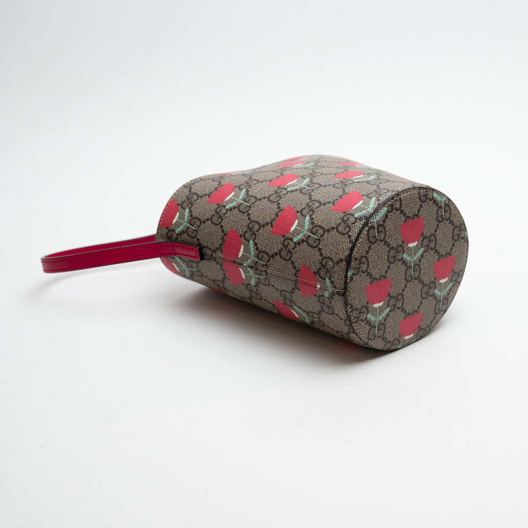 Gucci Monogram and Pink Junior Flower Printed GG Bucket Bag