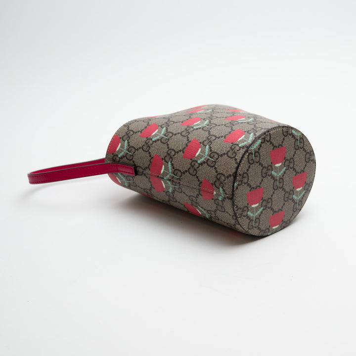 Gucci Monogram and Pink Junior Flower Printed GG Bucket Bag