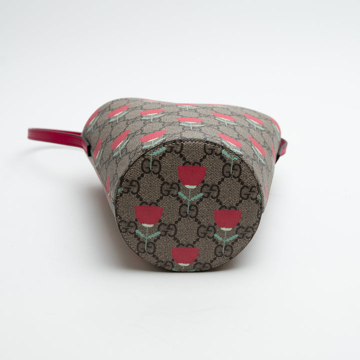 Gucci Monogram and Pink Junior Flower Printed GG Bucket Bag