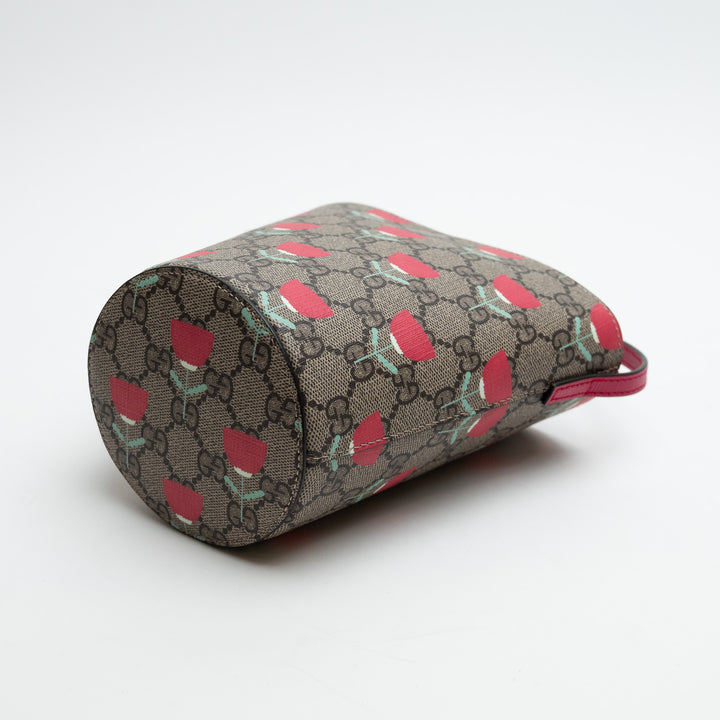 Gucci Monogram and Pink Junior Flower Printed GG Bucket Bag