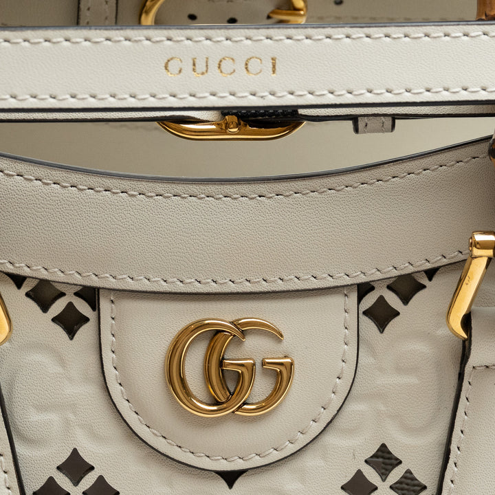 Gucci White GG Maxi Calfskin Small Diana Bamboo Top Handle Bag with Cutouts