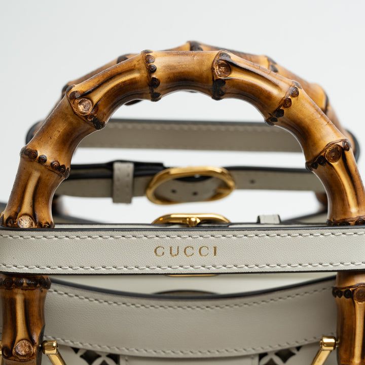 Gucci White GG Maxi Calfskin Small Diana Bamboo Top Handle Bag with Cutouts