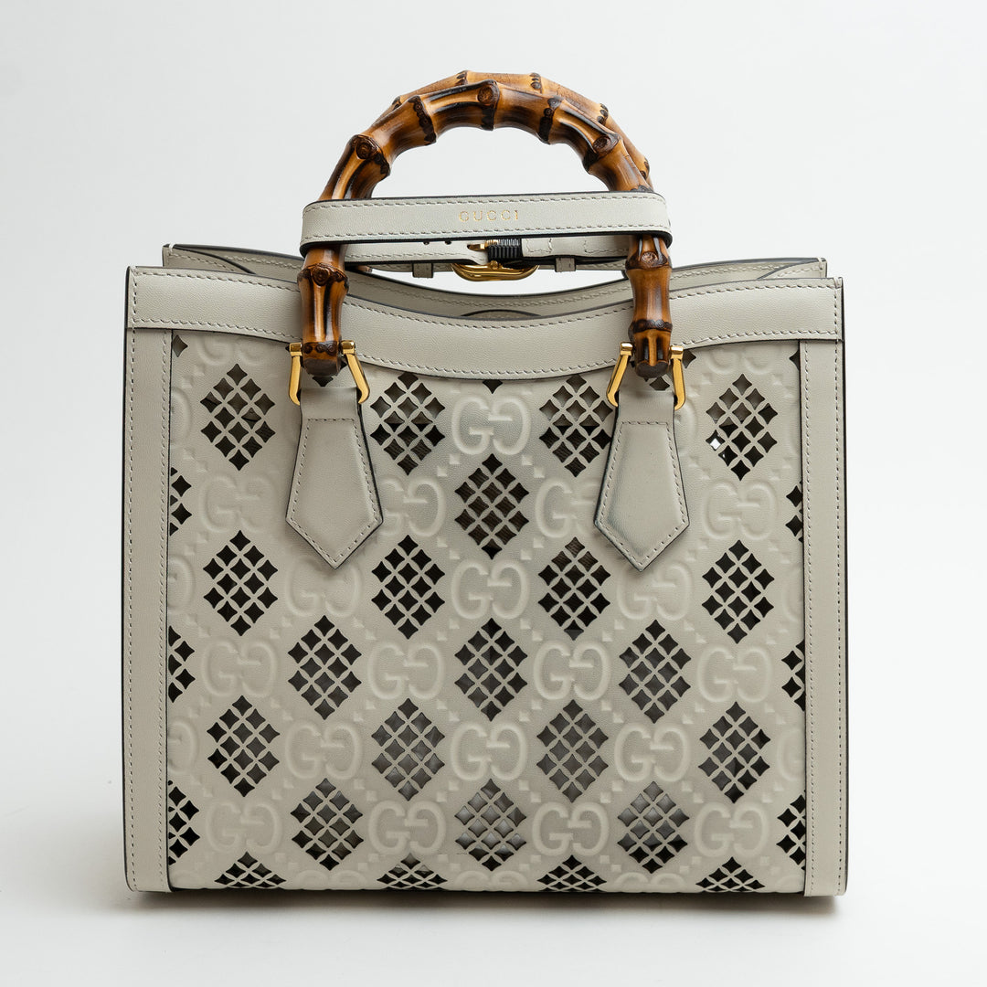 Gucci White GG Maxi Calfskin Small Diana Bamboo Top Handle Bag with Cutouts