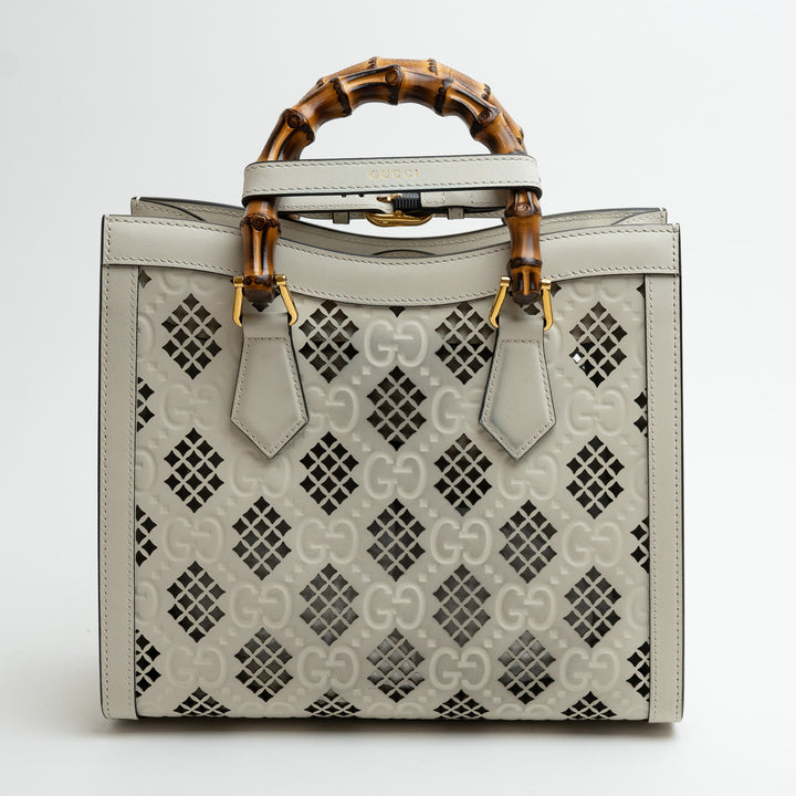 Gucci White GG Maxi Calfskin Small Diana Bamboo Top Handle Bag with Cutouts