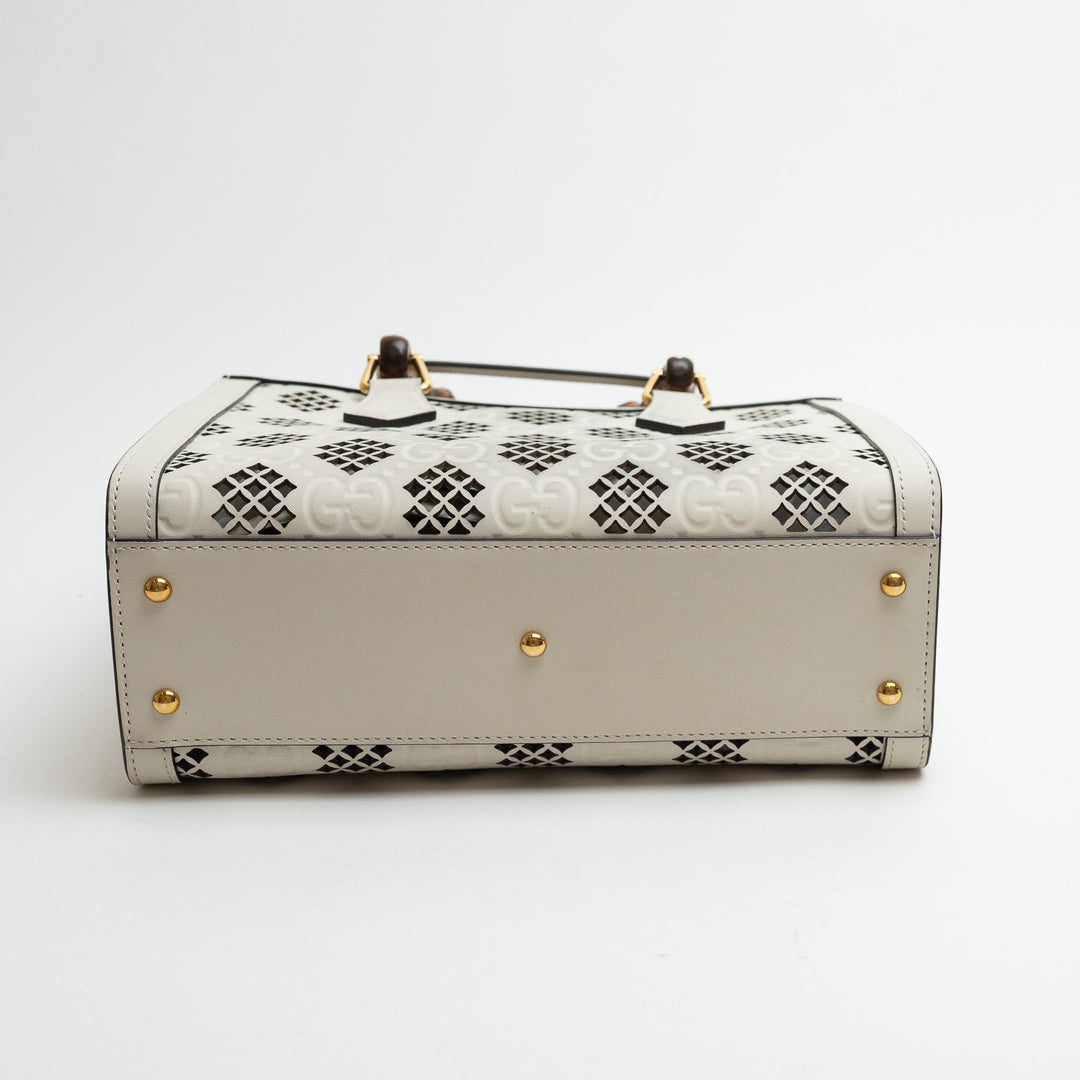 Gucci White GG Maxi Calfskin Small Diana Bamboo Top Handle Bag with Cutouts