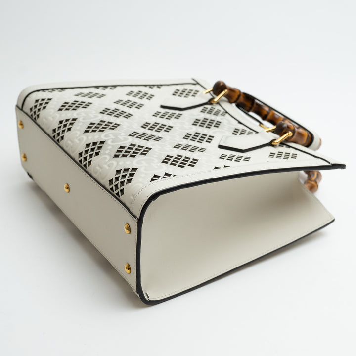 Gucci White GG Maxi Calfskin Small Diana Bamboo Top Handle Bag with Cutouts