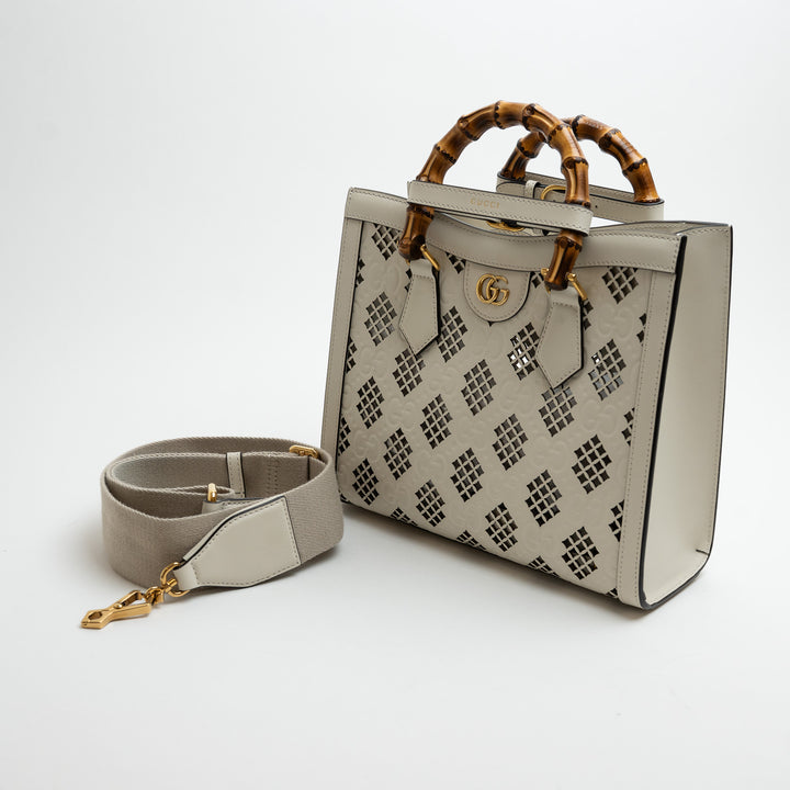 Gucci White GG Maxi Calfskin Small Diana Bamboo Top Handle Bag with Cutouts