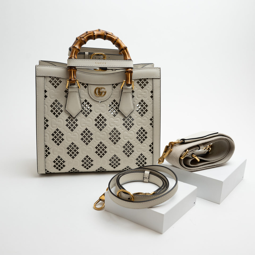 Gucci White GG Maxi Calfskin Small Diana Bamboo Top Handle Bag with Cutouts