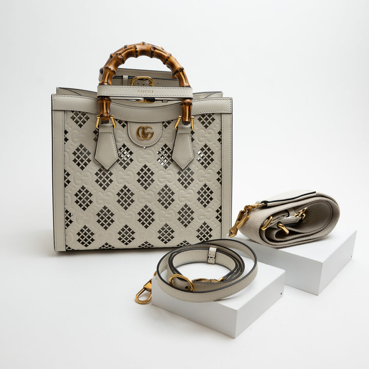 Gucci White GG Maxi Calfskin Small Diana Bamboo Top Handle Bag with Cutouts