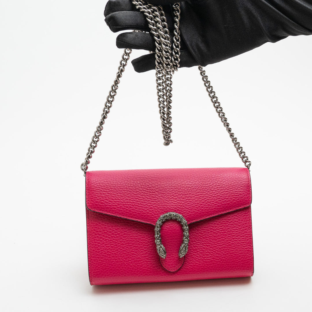 Gucci Hot Pink Calfskin Leather Dionysus Wallet On Chain