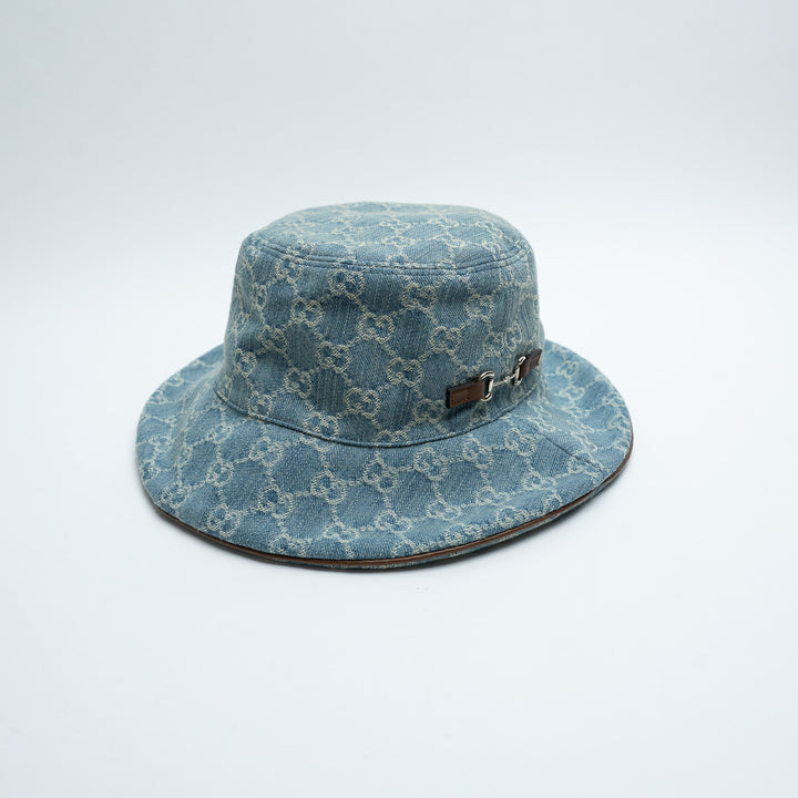 Gucci Blue Denim Monogram Bucket Hat with Horsebit Detail