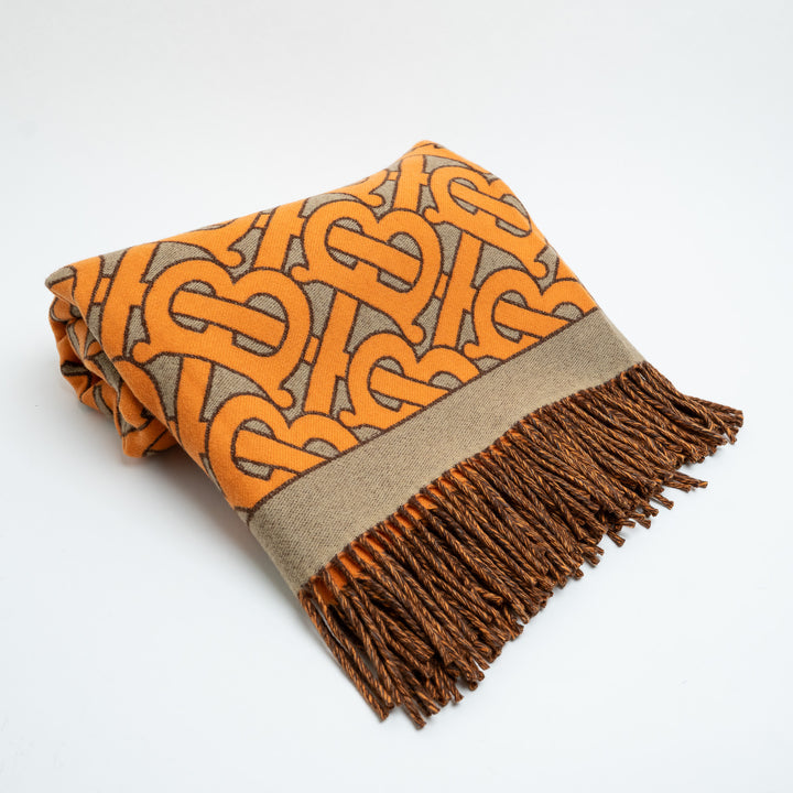 Burberry Orange & Beige TB Monogram Cashmere Throw Blanket