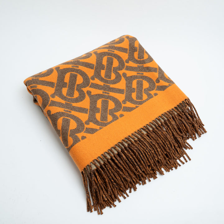 Burberry Orange & Beige TB Monogram Cashmere Throw Blanket