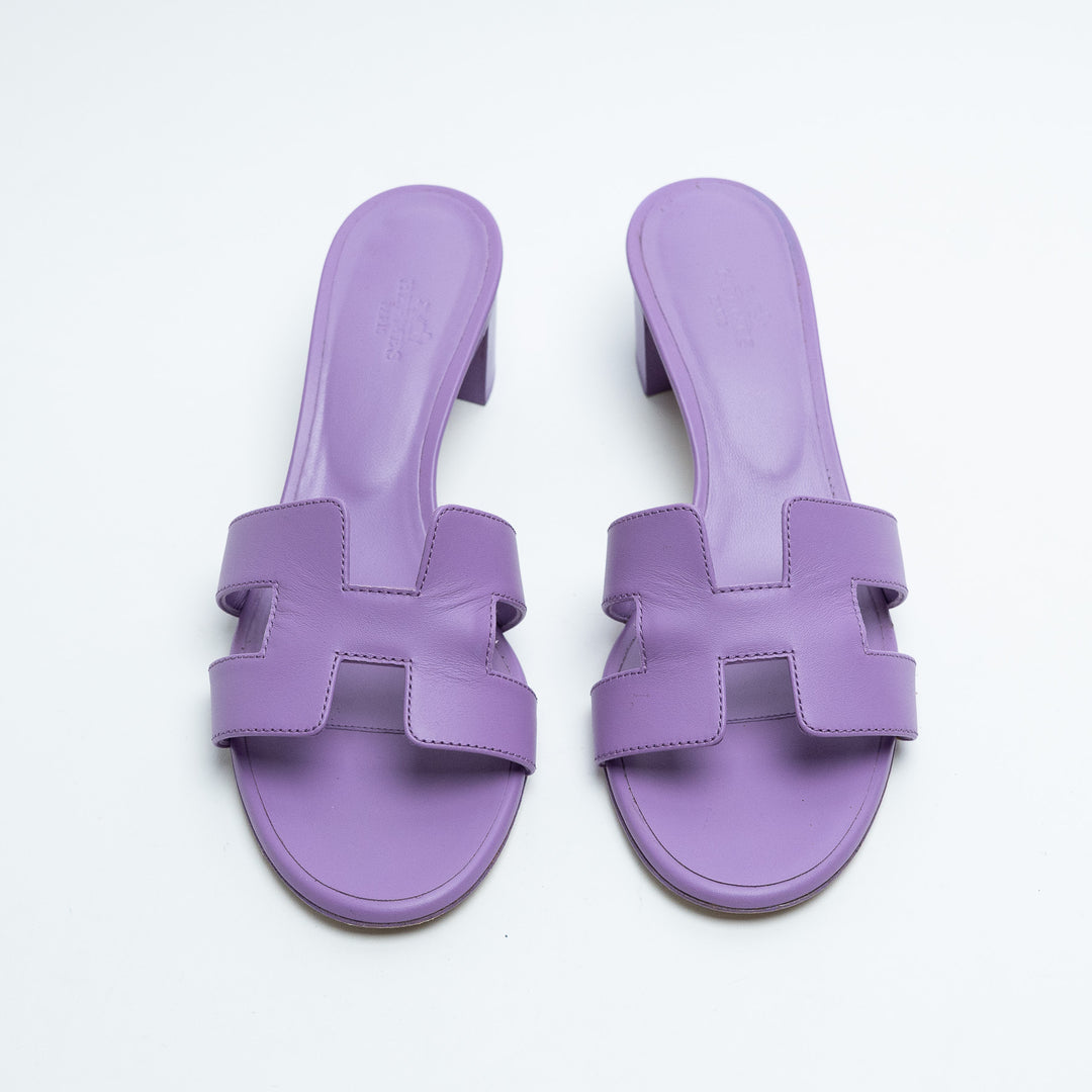 Hermes Oasis Block Heel Sandals in Violet Parme Size 38.5