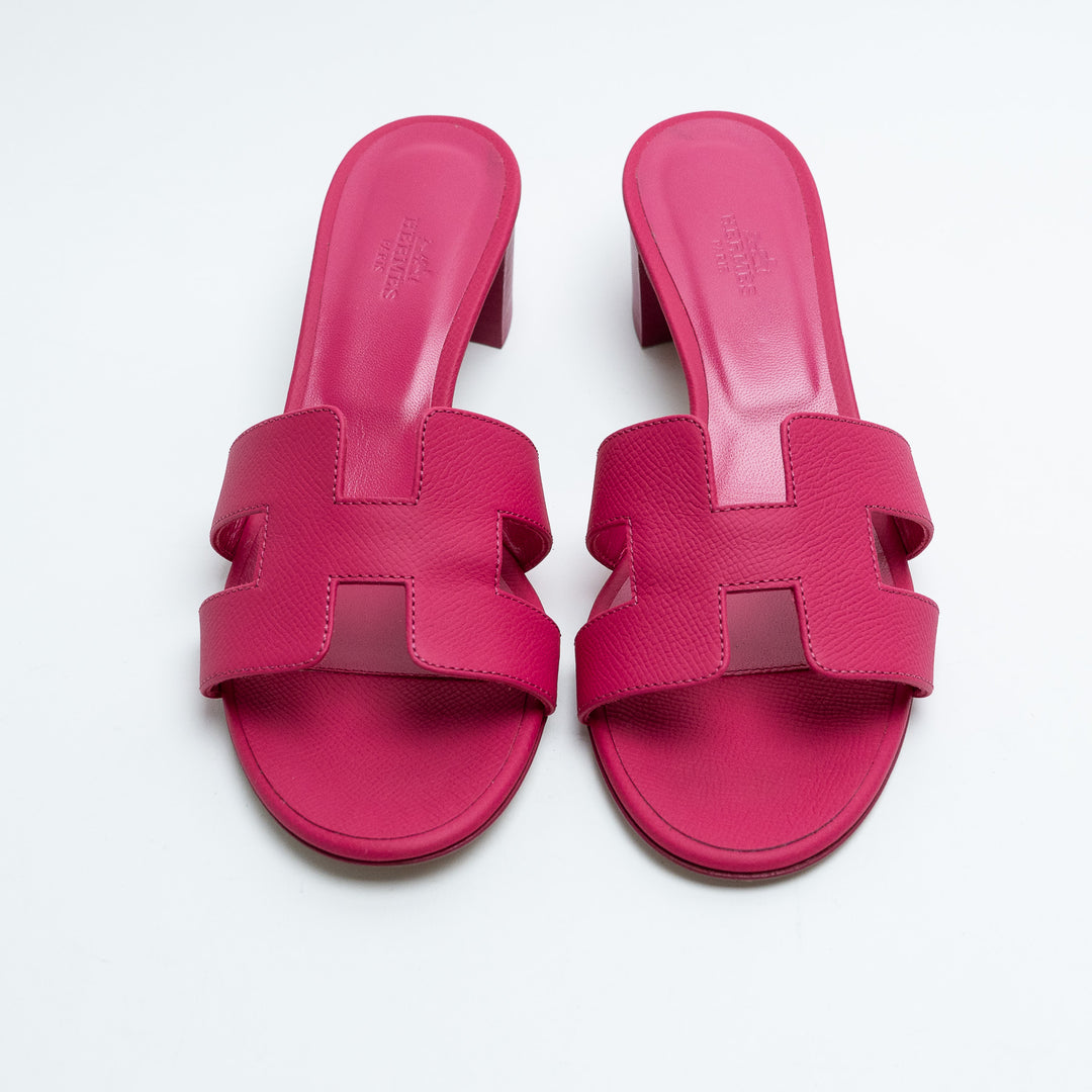 Hermes Oasis Block Heel Sandals in Rose Bougainvillier Size 38
