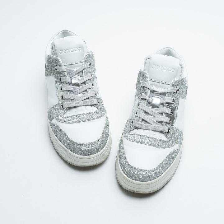 Jimmy Choo White Leather and Silver Glitter Sneakers Size 37