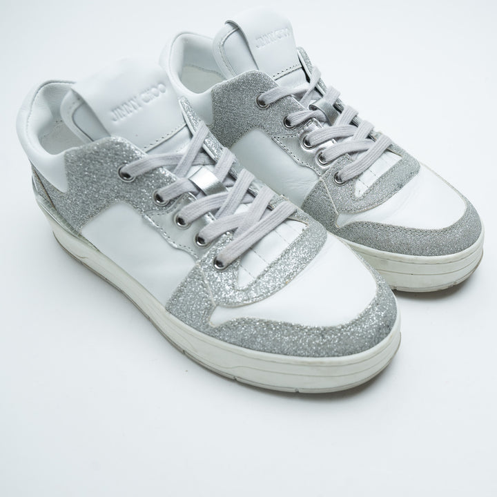 Jimmy Choo White Leather and Silver Glitter Sneakers Size 37